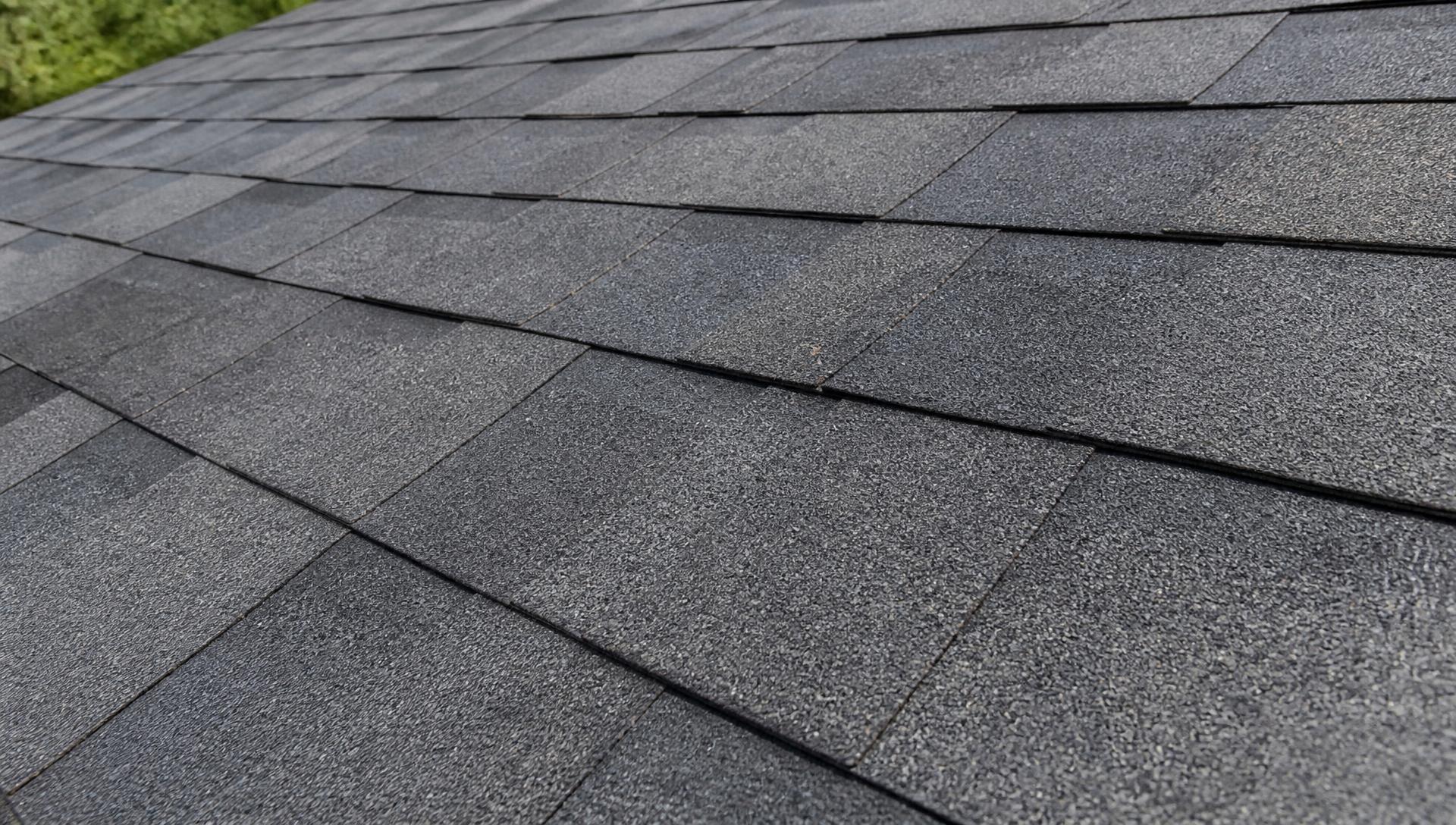 Close-up down a roof slope showing architectural asphalt shingle texture